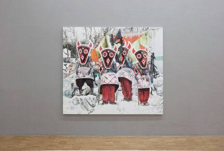 Maja Vukoje, Minotauri, 2010, Acryl, Quarzsand, Spray auf Leinwand, 200 x 230 cm. Ausstellungsansicht 
Salzburger Kunstverein 2011,  © Salzburger Kunstverein