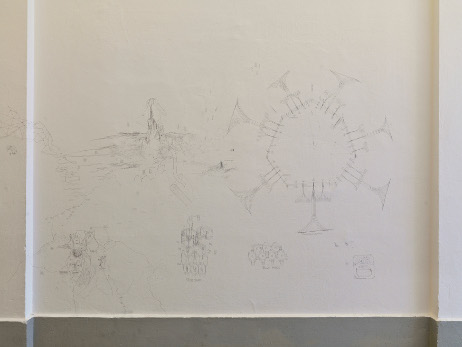 Constantin Luser, Schallplan, 2011, drawing, ball pen, pencil, exhibition view Salzburger Kunstverein 2011