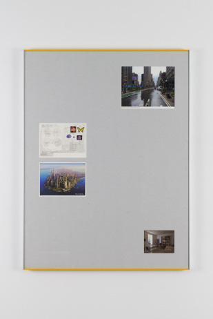 Hans Schabus, The Long Road from Tall Trees to Tall Houses (July 30th, 2015), 2015, pigment print on paper, postcards, grey board, museum board, glass, aluminum, wood, paint, various mounting material, 86,2 × 65,8 × 2,6 cm