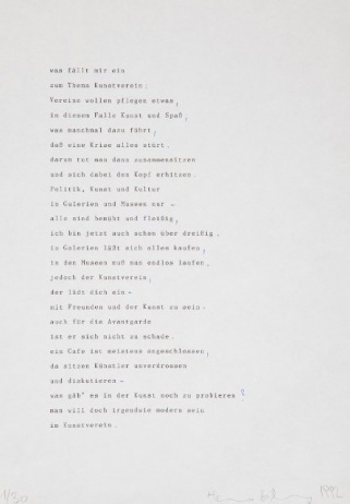 Heimo Zobernig, Untitled, 1992, typescript, ballpoint on paper, 
30 x 21 cm, framed, edition: 30 pieces, price: EUR 300
