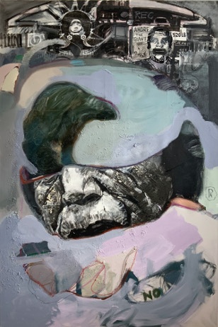 Stefan Kreiger, Vom Nichtatmenkönnen, 2020, oil, acrylic and collage on canvas, 150 x 100 cm.