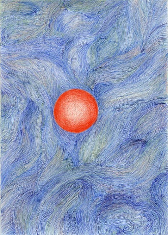 Habima Fuchs, The Great Ocean Continuously Creating Drawing XIX, 2019, 29,7 x 21 cm, Tinte und Pastell auf Papier,  gerahmt.